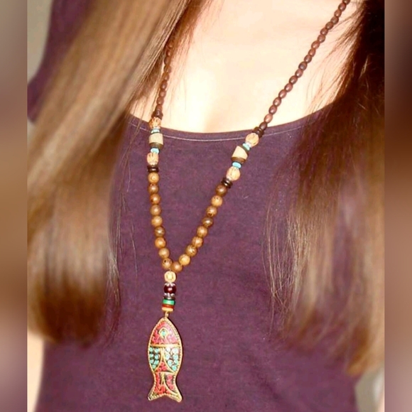 Long Sweater Necklace 20" Stone Bead Red Blue Pisces Fish Jewelry Boho Necklaces - Picture 5 of 10